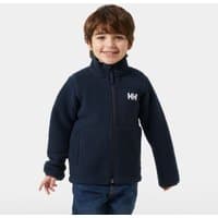 Navy Helly Hansen kids' jacket with front zipper, high collar, and logo on chest.