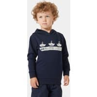 Navy Helly Hansen kids' hoodie with graphic of three ships and white text on chest, long sleeves, and hood.