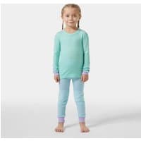 Kids' green Helly Hansen LIFA® Merino Wool base layer set with long sleeves and purple cuffs.