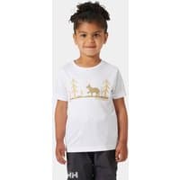White Helly Hansen kids' T-shirt with gold deer and tree graphic, short sleeves, and crew neck.