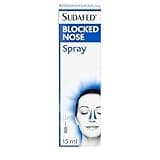 Sudafed Blocked Nose Spray 15ml, white bottle with blue label, provides congestion relief for cold and allergies.