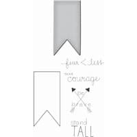 Gray fabric banner with pointed end, accompanied by motivational words and arrow graphics in black text.