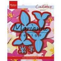 "Lily-shaped blue and red metal die cut set by Marianne Design, surrounded by pink and yellow paper flowers"