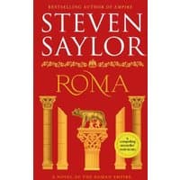 Red cover of "Roma" book by Steven Saylor, featuring Roman columns and a she-wolf statue.