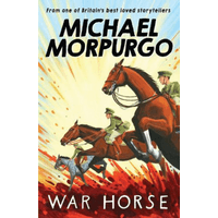 "War Horse book cover featuring soldiers on horses with a fiery background, by Michael Morpurgo, Outstanding Map Distributors Ltd."
