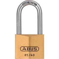Brass Abus padlock with 40mm long shackle, engraved logo, and "85/40" marking on the body.