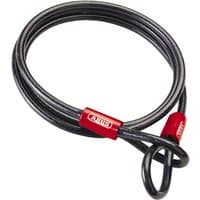 Black Abus Mechanical Cobra Loop Cable 10mm x 1000cm with red connectors and coiled design.