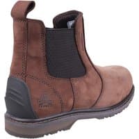 Brown Amblers Safety pull-on dealer boot, waterproof, lightweight, with black elastic side panels and reinforced heel.