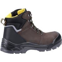 Brown leather safety boot with black sole, steel toe cap, yellow lining, and metal eyelets for laces.