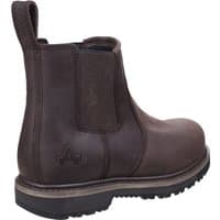 Brown leather Amblers Safety boot, slip-on style with pull tab, elastic side panels, and rugged sole, size 6.