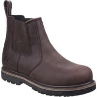 Brown leather Amblers Safety dealer boot, slip-on style with elastic side panels and rugged black sole, size 8.