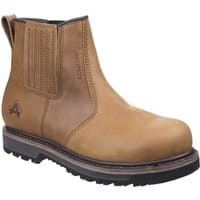 Brown Amblers Safety boot, slip-on style, with elastic side panels and rugged black sole, size 12.