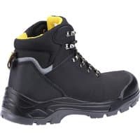 Black leather safety boot with yellow lining, metal eyelets, and rugged sole, size 10, by Amblers Safety.