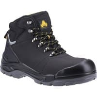 Black leather safety boot with yellow logo, padded collar, metal eyelets, and reinforced toe cap.