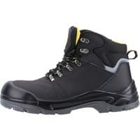 Black leather safety boot with yellow lining, metal eyelets, and reinforced toe, featuring a rugged sole.