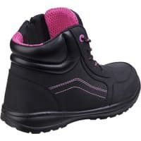 Black Amblers safety boot with pink lining, side zip, and composite toe, featuring pink stitching and lace eyelets.