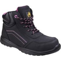 Black Amblers Safety boot with pink laces, composite toe, side zip, and padded ankle support, size 5.