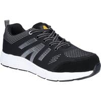 Black Amblers Safety trainer with white sole, mesh upper, and reinforced toe, size 9 by Footsure Western Limited.
