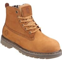 Tan Amblers Safety boot, size 7, with padded collar, metal eyelets, and sturdy rubber sole.