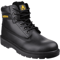 Black Amblers Safety boot, lace-up, padded collar, yellow logo, slip-resistant sole, steel toe, size 5.