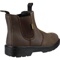 Brown leather pull-on safety dealer boot with black elastic side panels and rugged black sole, size 10.