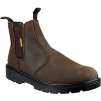Brown leather pull-on safety dealer boot with black sole, elastic side panels, and pull tabs, size 11.