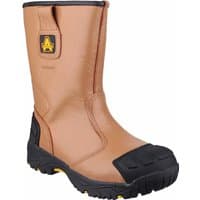 Tan waterproof pull-on safety rigger boot with black reinforced toe and heel, size 14, by Amblers Safety.