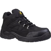 Black Amblers Safety vegan boots, size 11, with padded collar, metal eyelets, and slip-resistant sole.