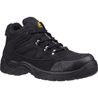 Black Amblers Safety vegan boots, lace-up, padded collar, rugged sole, yellow logo on tongue, size 9.