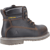 Brown leather Amblers Safety boot, size 9, with steel toe, padded collar, and yellow stitching details.