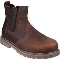 Brown leather pull-on safety boot with elastic side panels and rugged sole, size 6 by Amblers Safety.