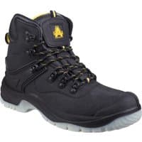 Black Amblers Safety boot, size 10, with yellow accents, padded ankle support, and durable lace-up design.