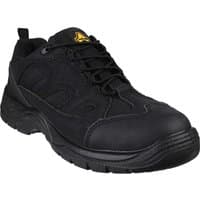 Black Amblers Safety FS214 vegan-friendly shoes with lace-up design, textured sole, and yellow logo on the tongue.