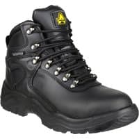 Black Amblers Safety boot, size 11, with steel toe, padded collar, metal eyelets, and yellow logo on tongue.