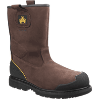 Brown leather pull-on safety boot with black toe cap, yellow stitching, and Goodyear welted sole.