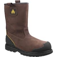 Brown Amblers Safety pull-on boot, Goodyear welted, waterproof, with black reinforced toe and yellow stitching, size 7.