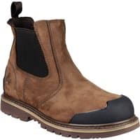 Brown leather Chelsea safety boot with black elastic side panels, reinforced toe cap, and rugged sole.