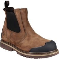 Brown leather Chelsea safety boot with black elastic side panels, reinforced toe, and rugged sole, size 11.