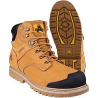 Tan Amblers Safety boot, black toe cap, padded collar, metal eyelets, rugged sole, size 11, by Footsure Western Limited.