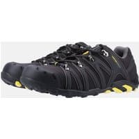 Black Amblers Safety trainer with soft shell, yellow accents, lace-up front, and reinforced toe, size 11.