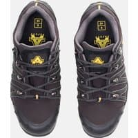Black Amblers Safety soft shell trainers, size 6, with yellow logo, metal eyelets, and reinforced toe cap.