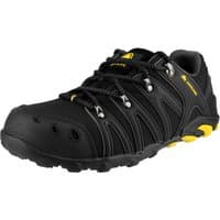 Black Amblers Safety trainer with yellow accents, soft shell design, lace-up front, and rugged sole, size 9.
