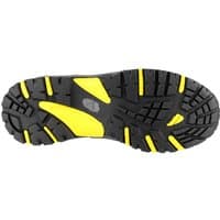 Black and yellow rubber sole of Amblers Safety waterproof boot, with deep treads and size marking.