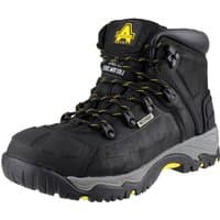 Black Amblers waterproof safety boot, size 5, with yellow accents, padded collar, and rugged sole.
