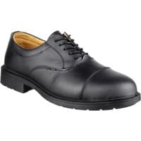 Black leather Amblers safety shoe, size 7, with lace-up front, reinforced toe, and cushioned collar.