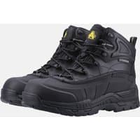 Black Amblers Safety waterproof boots, non-metal, with rugged soles and yellow logo, size 10.5.