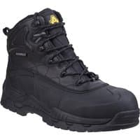 Black Amblers Safety waterproof boot, non-metal, with padded ankle, lace-up front, and rugged sole, size 14.