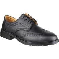Black leather Amblers Safety FS44 brogue with decorative perforations, lace-up closure, and cushioned collar.