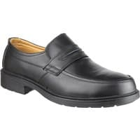 Black leather Amblers Safety shoe, slip-on design, reinforced toe, cushioned insole, and durable rubber sole.