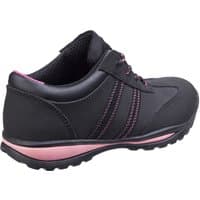 Black Amblers Safety trainer, size 6, with pink accents, padded collar, and slip-resistant sole.